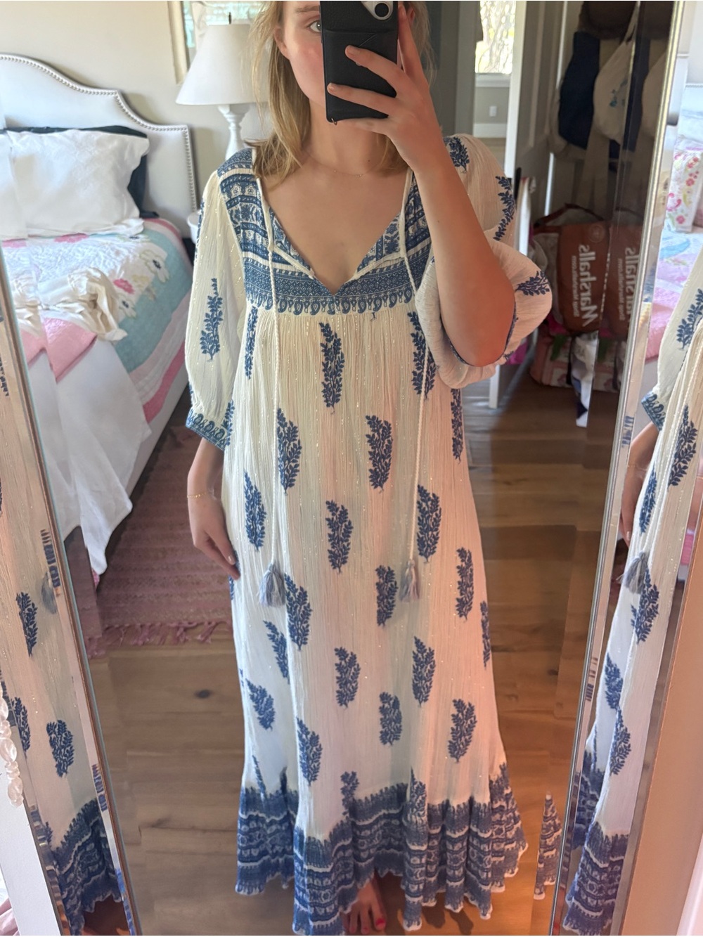 Daughters of India White Maxi Dress with Blue Embroidery
